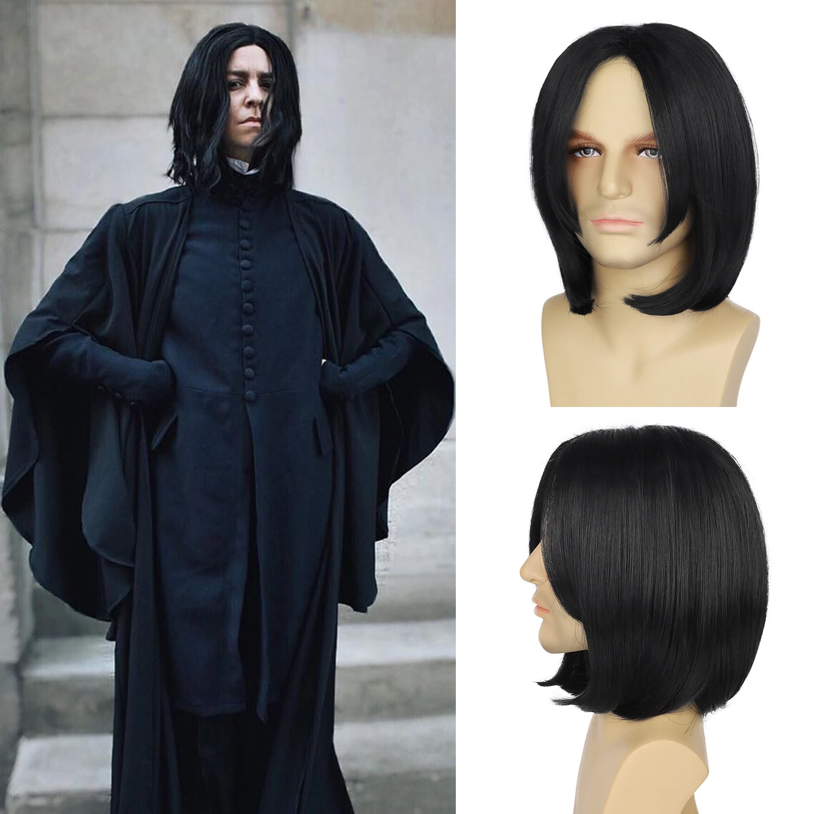 Peluca de disfraz de cabello corto y liso negro de fibra sintética del profesor Severus Snape, estilo Michael Jackson Assassin para hombre