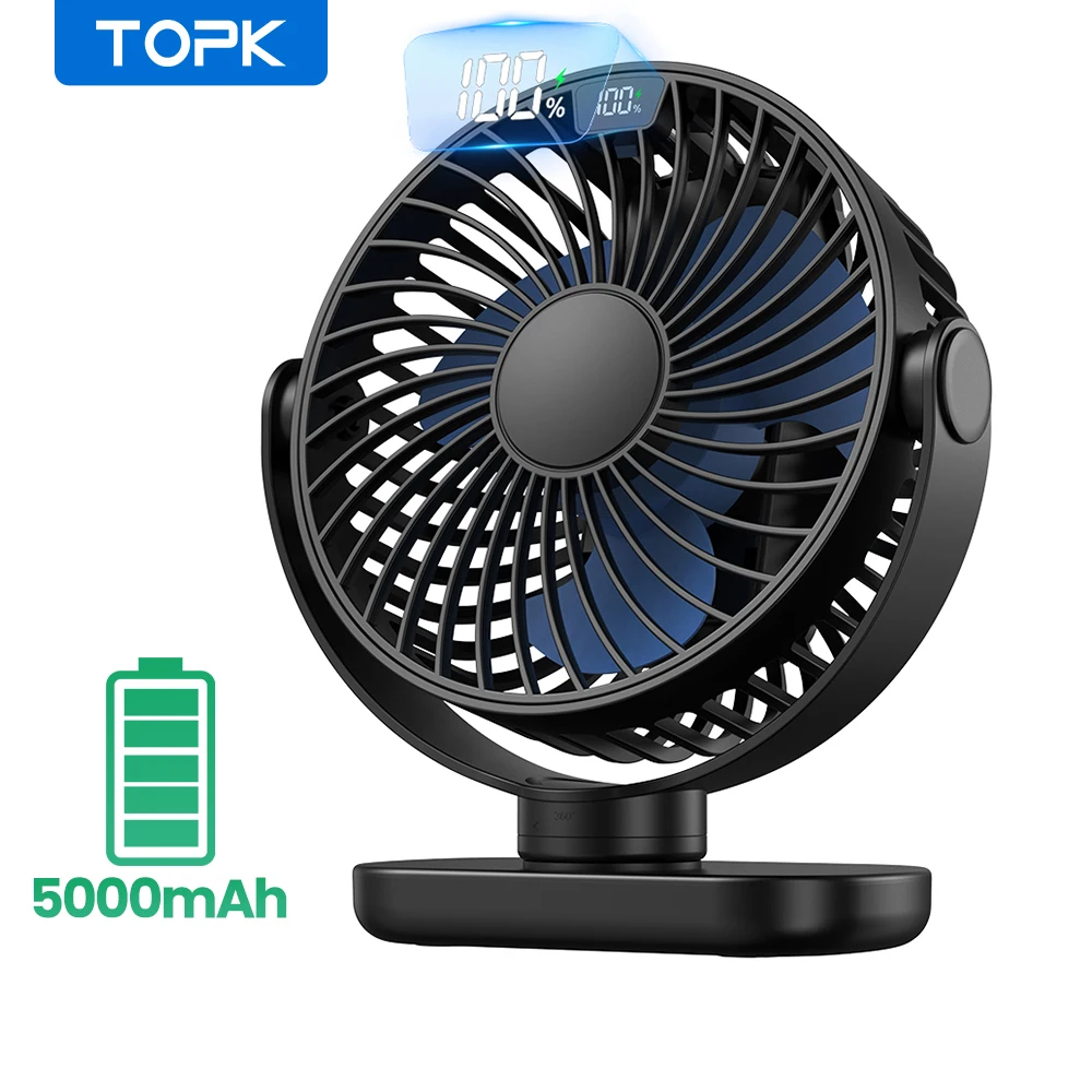Przenośny mini wentylator TOPK K60C 5000 mAh, wentylatory stojące do pokoju, wyświetlacz LED 360 ° Obrotowy, cichy, elektryczny wentylator biurkowy na kemping