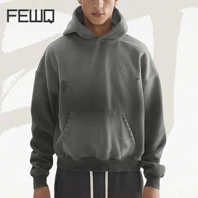 FEWQ Men's Loose Fitting Hoodie Double Layered Hat 2024 Tie Dyed Long Sleeve Casual Korea Fashion Male Tops Loose 24E5850