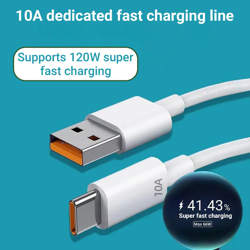 10A USB to Type-C Fast Charging Data Cable 120W High Power Super Fast Charge Cord Thick Copper Core Anti-Break TPE Charging Wire