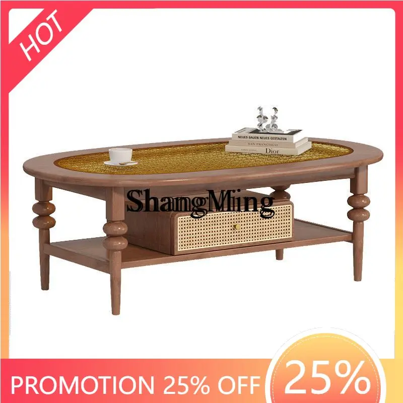

ZYYRetro Solid Wood Round Coffee Table Oval Glass Rattan Woven Large andApartment Living Room Home Vintage Style Table