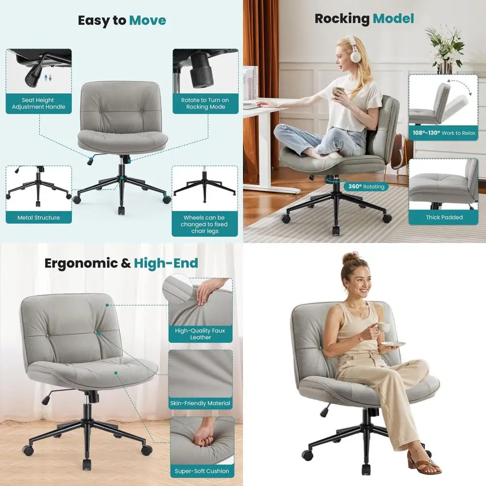 

Gray Swivel PU Leather Office Chair with Wheels and Wide Legs for Home or Bedroom Use