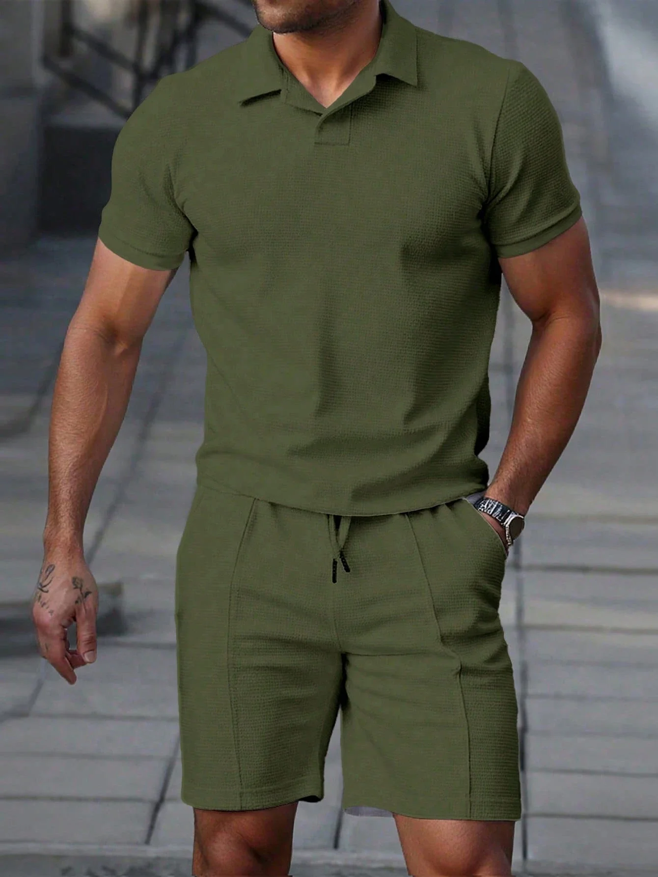 

Men's Solid Color Polo Shirt And Shorts Set Casual Minimalist Summer Two Piece Co Ord