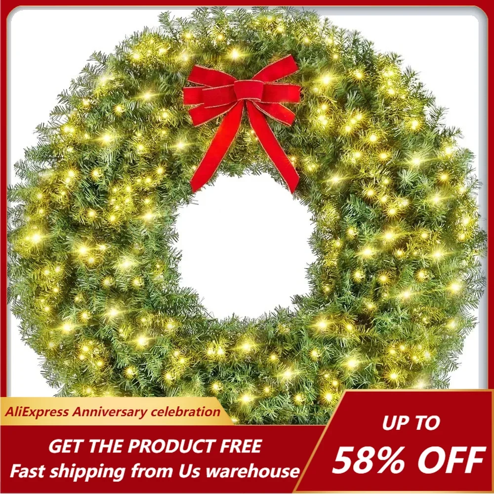 48 Inch Artificial Christmas Wreath with 300 LED Lights and 1026 Metal Structures, Pre Lit Door and Wall for Holiday Decoration