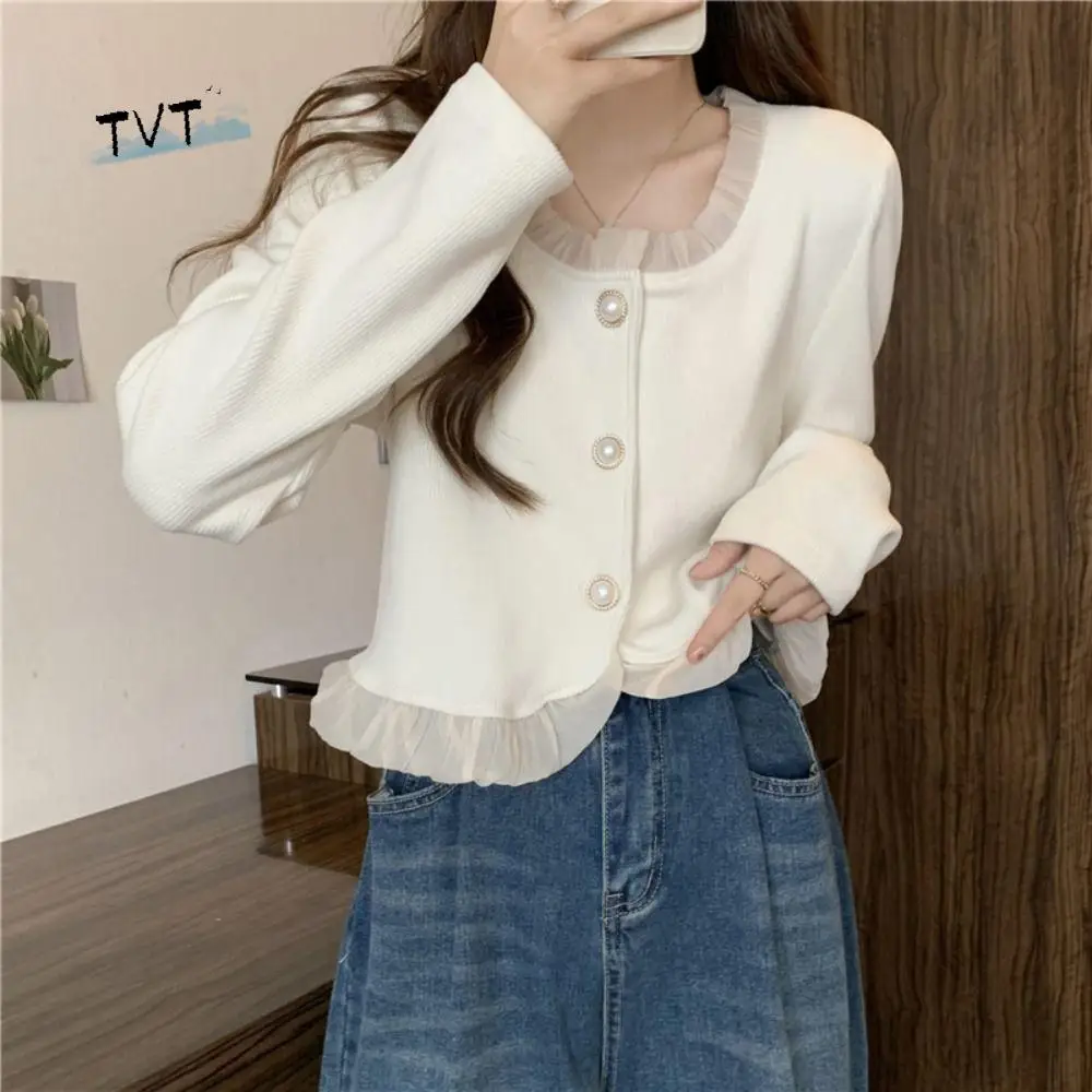 

Autumn Solid Lace Sweaters Long Sleeve Autumn Spring Sweet Knitwear Preppy Style Ladies Tops Slim Crop Coats Female