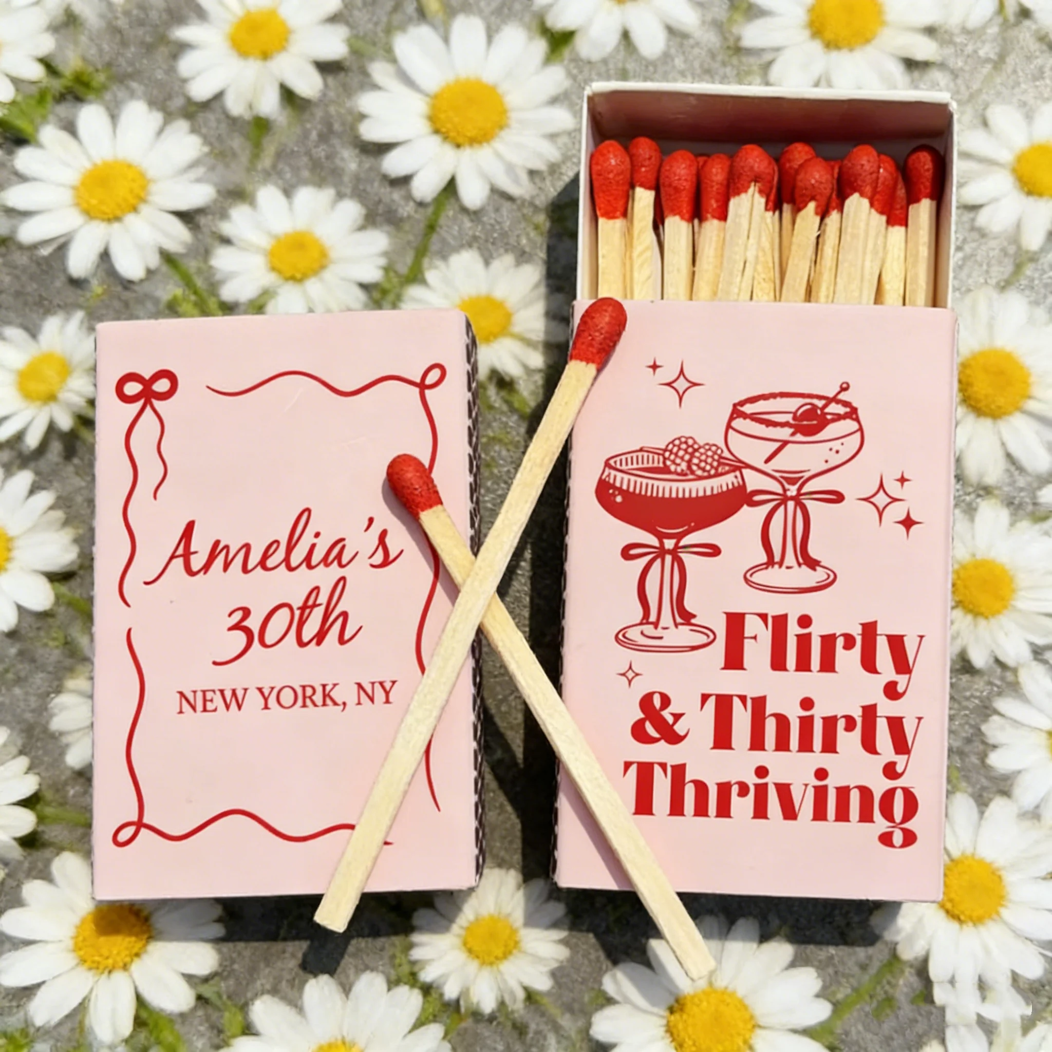 

Custom 30th Birthday Milestone Matchboxes, Flirty & Thirty Thriving Cocktail Design, Bulk Unique Party Favors