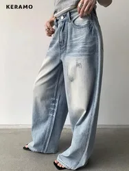 American Retro High Waist Oversized Jeans Women Casual Baggy Pocket Y2K Ripped Pants Wide Leg Grunge Street Solid Denim Trouser