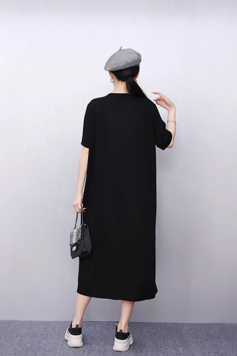 2025 夏のファッションエレガントな黒のレトロな O ネックルーズロング Tシャツドレス女性卸売 J1088