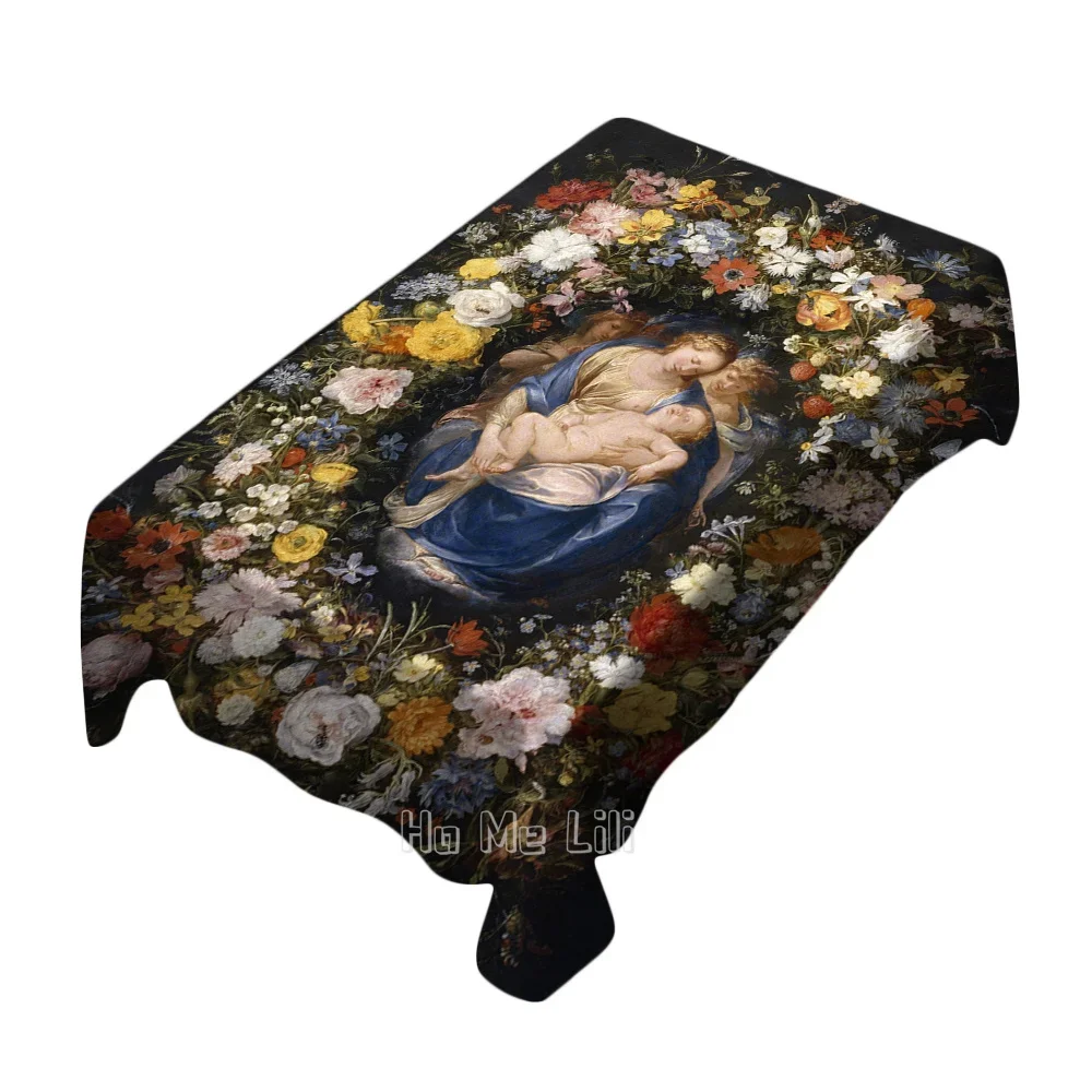 Saint Mary With Child And Two Angels In The Garland By Ho Me Lili Table Cloth Rectangle