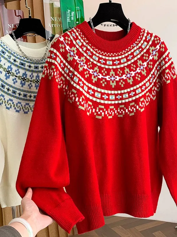 

Ретро трикотаж Fair Isle, круглый свитер Ne Long Sve для похудения, большой размер, повседневный женский зимний топ с цветочным узором
