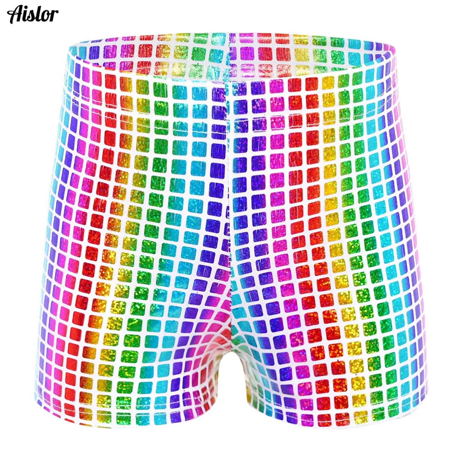 

Kids Girls Boys Boxer Shorts Jazz Disco Theme Party Performance Costume Metallic Plaid Elastic Waistband Shorts Children Clothes