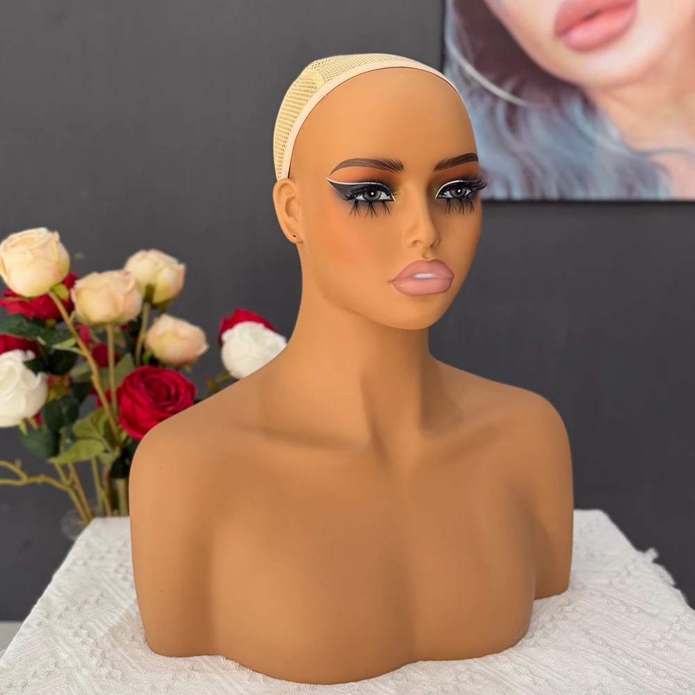 Plussign Mannequin Model Head With Makeup Wig Cap Jewelry Hat Display Holder Darkskin Wig Training Head Realistic Mannequin Head