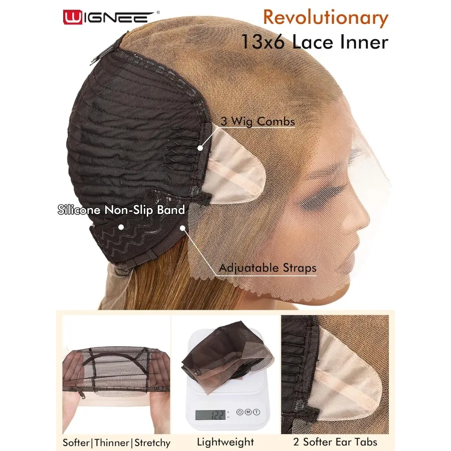 WIGNEE peluca con malla frontal sintética 13x6, 28 peluca marrón mixta, pelucas frontales de encaje hechas a mano prearrancadas con pelo Kanekalon Futura Volumino