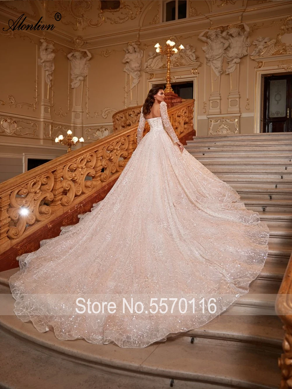 Alonlivn Wholeall Bling Lace Sweetheart A-Line Wedding Dresses Beading Pearls Embroidery Full Sleeves Bridal Gowns