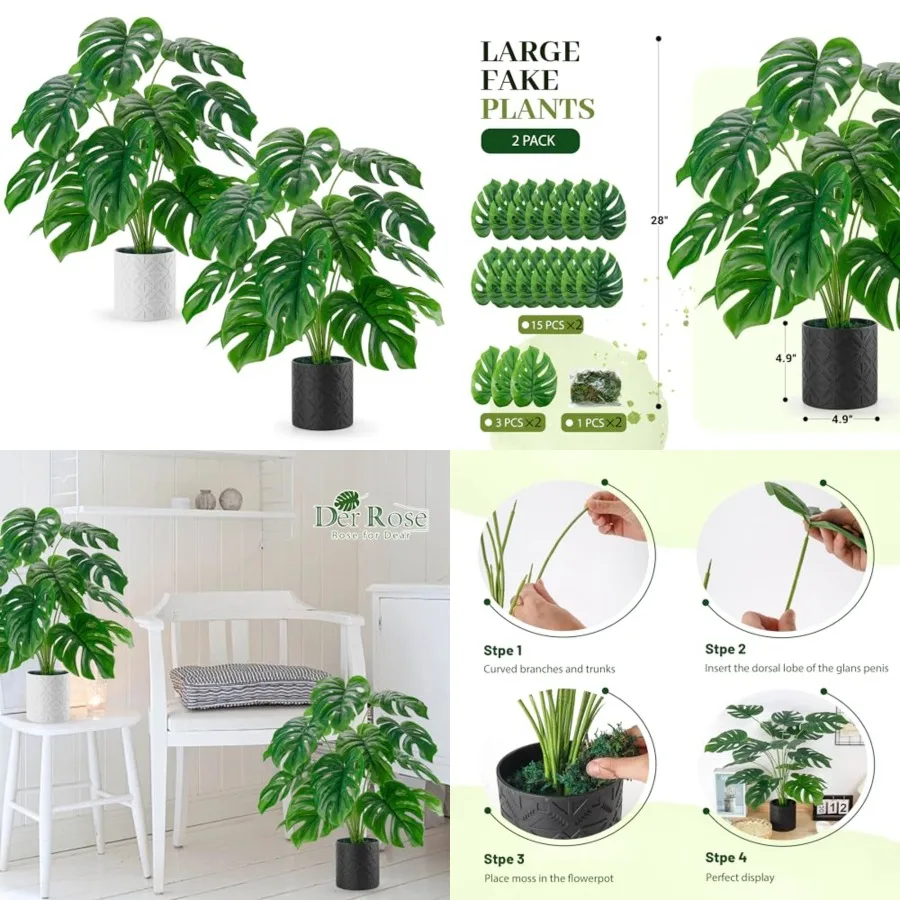 

Pack 8'' Artificial Plants Indoor Large Fake Potted Plants Faux Monstera Plants Indoor Tall for Home Farmhouse Bedroom Living R