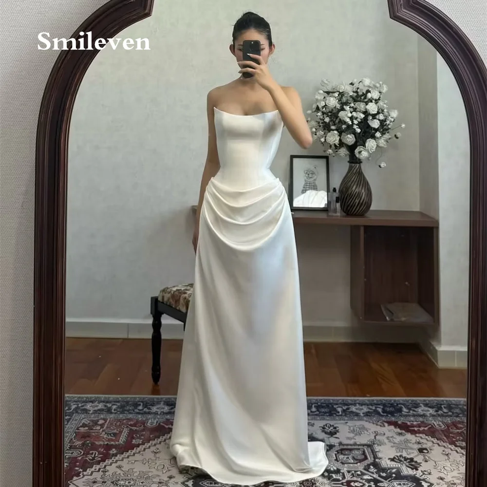 Smileven White Satin A‑Line Wedding Dresses Strapless Sleeveless Bridal Dress Ruched Skirt Lace‑Up Corset Back Gowns Customized