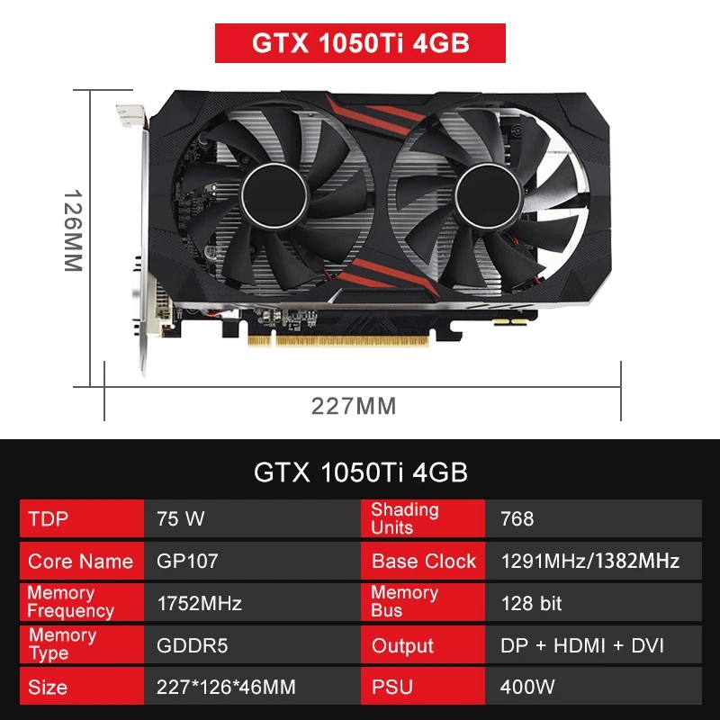 1050TI Gtx1050ti 4GB GDDR5 Graphics Card 6PIN 1291Mhz 128 Bit PCI-E X16 3.0 DVI+HD+DP Dual Fan Video Card