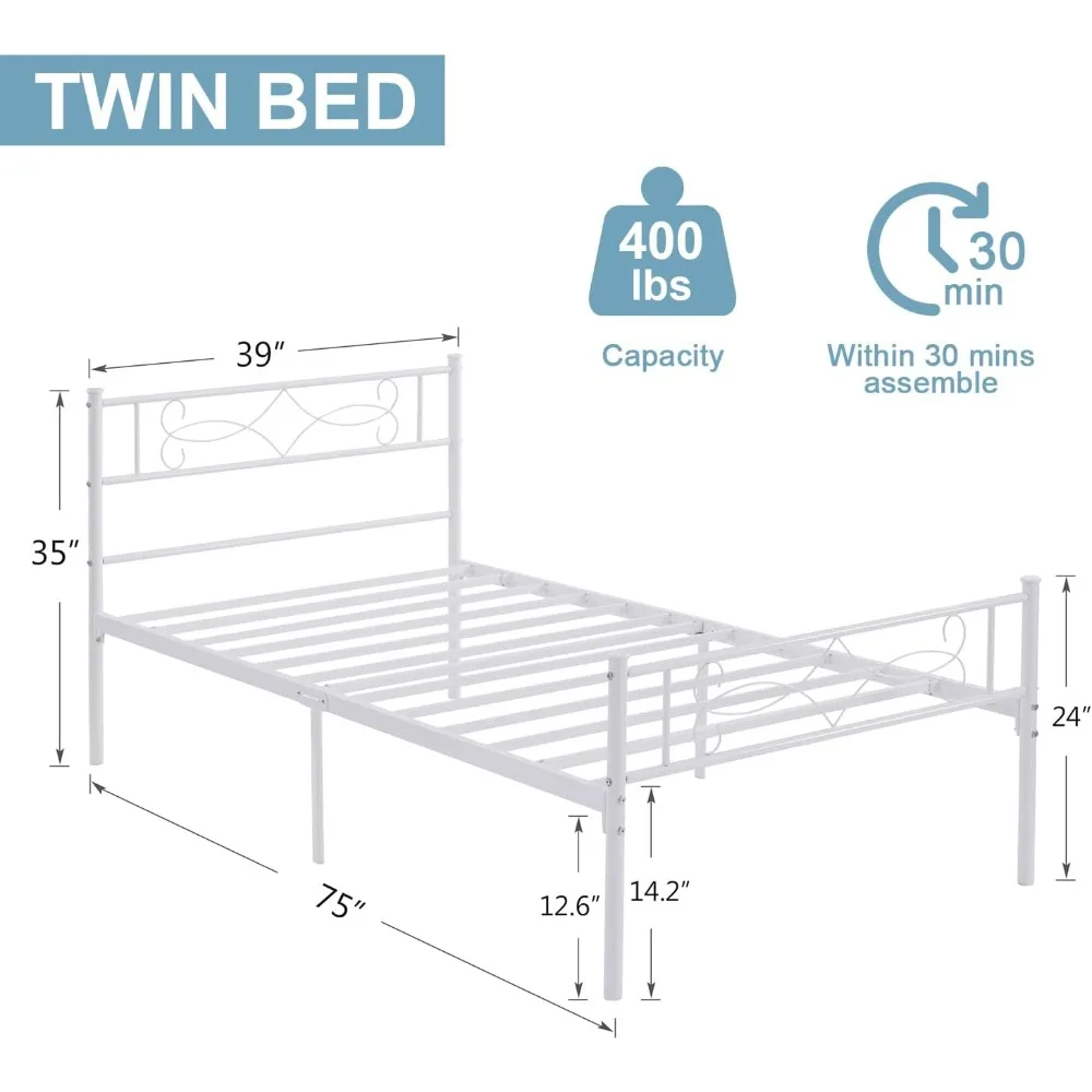 VECELO Cadre de lit double en métal avec tête de lit et pied de lit, aucun sommier tapissier nécessaire, fond de lit à plateforme robuste