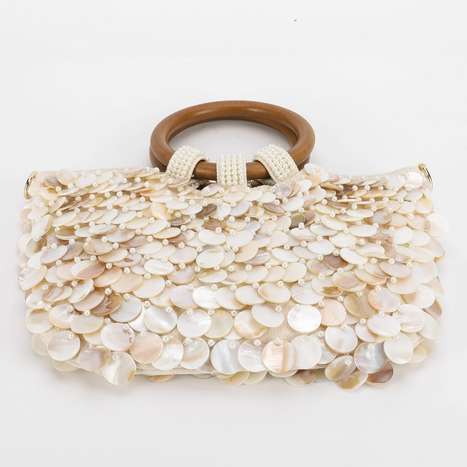 حقيبة بمقبض علوي مطرز على شكل صدفة، حقيبة شاطئ بمقبض خشبي، حقيبة يد مسائية مصنوعة يدويًا، مصممة فاخرة لقضاء عطلة الصيف للنساء