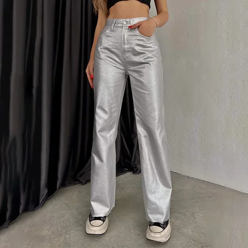 Vintage Pockets Elegant Commuting Casual Loose Fit Women's Shiny Pants Y2K Women's New Fashion Silver High Waist Strap Pants