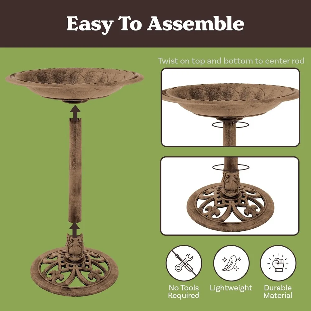 アンティークブロンズの鳥の水飲み場、ヴィンテージスクロールデザイン、耐候性樹脂製、庭の屋外装飾用の地面用杭3本付き