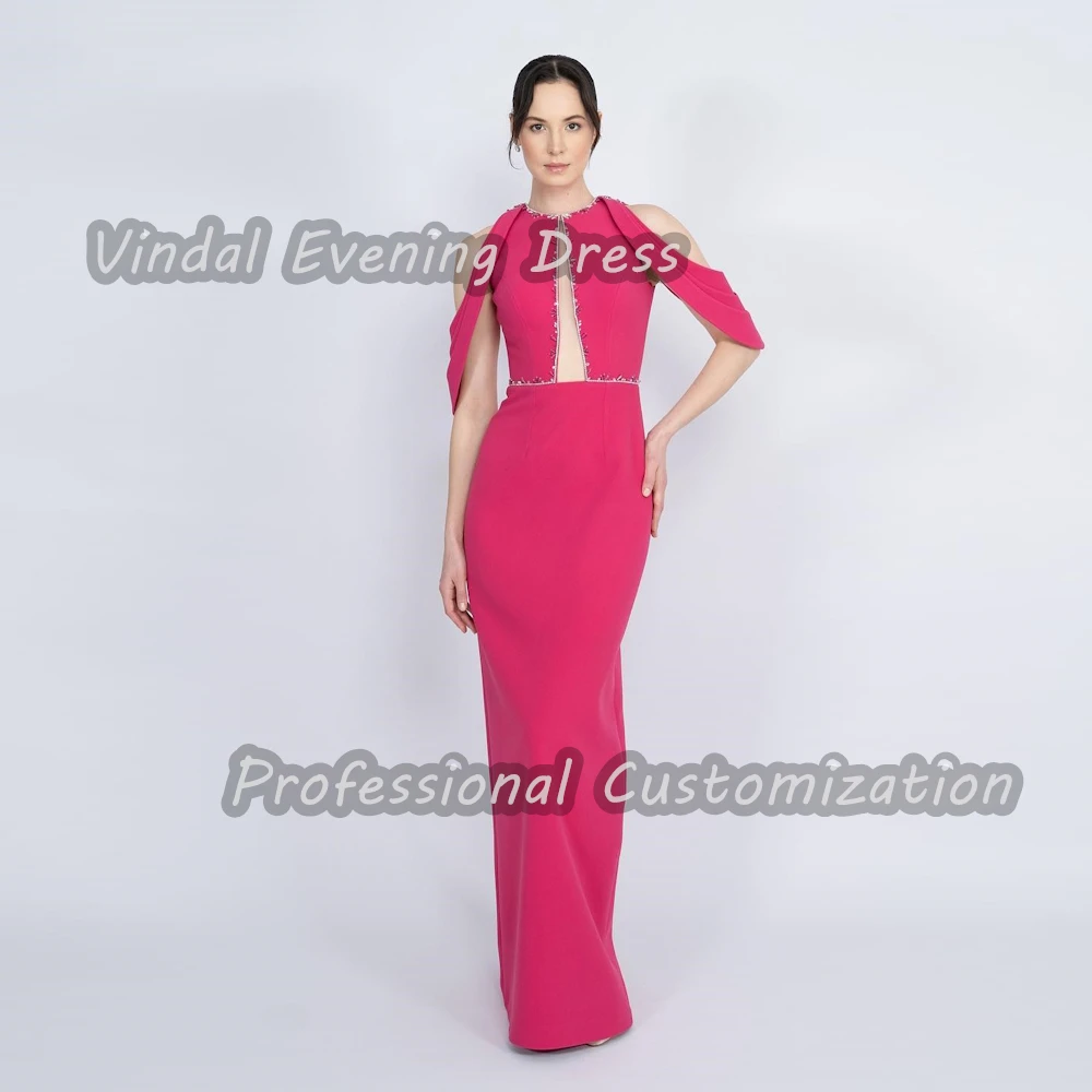 Vindal Crepe Floor length Ruffle Beaded O-Neck luxurious Straight Breast Padding Elegant Short Sleeves السعود For Woman 2024