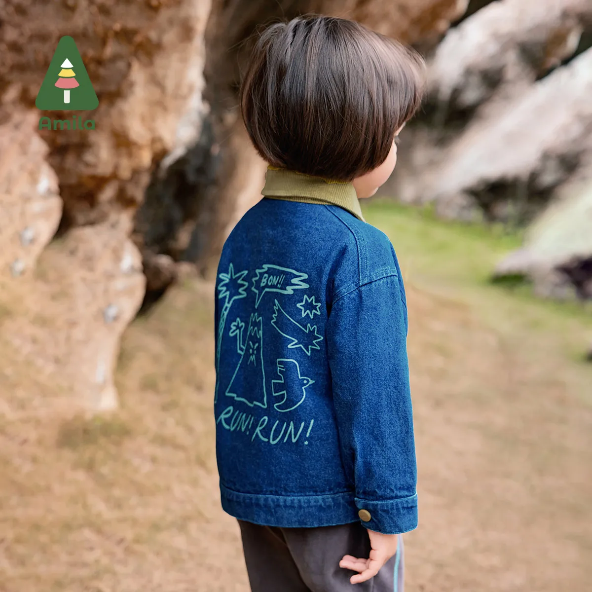 Amila Baby Jacket 2024 Autumn New Boys Lapel Contrast Color Cartoon Corduroy Embroidery Back Print Cotton Children’s Denim Jacke