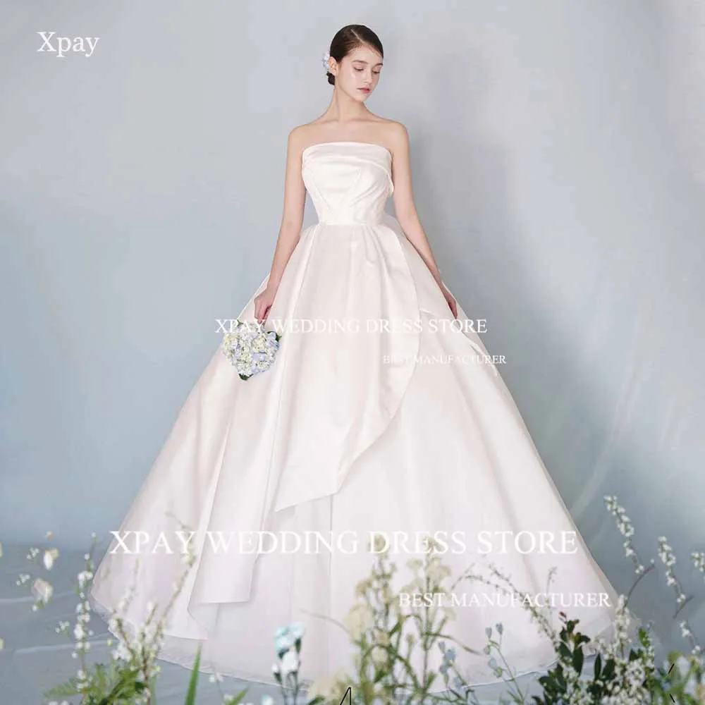 

XPAY Strapless Satin Korea Ball Gown Pleats Tiered A Line Wedding Dresses Photography Shoot Elegant Custom Made Bride Gown