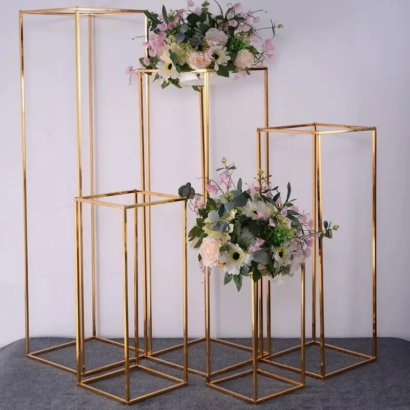 

Gold Plated Geometric Flower Stand, Shiny Metal Iron, Rectangle Square Frame, Wedding Arch, T-Station Layout, Geometric Guide