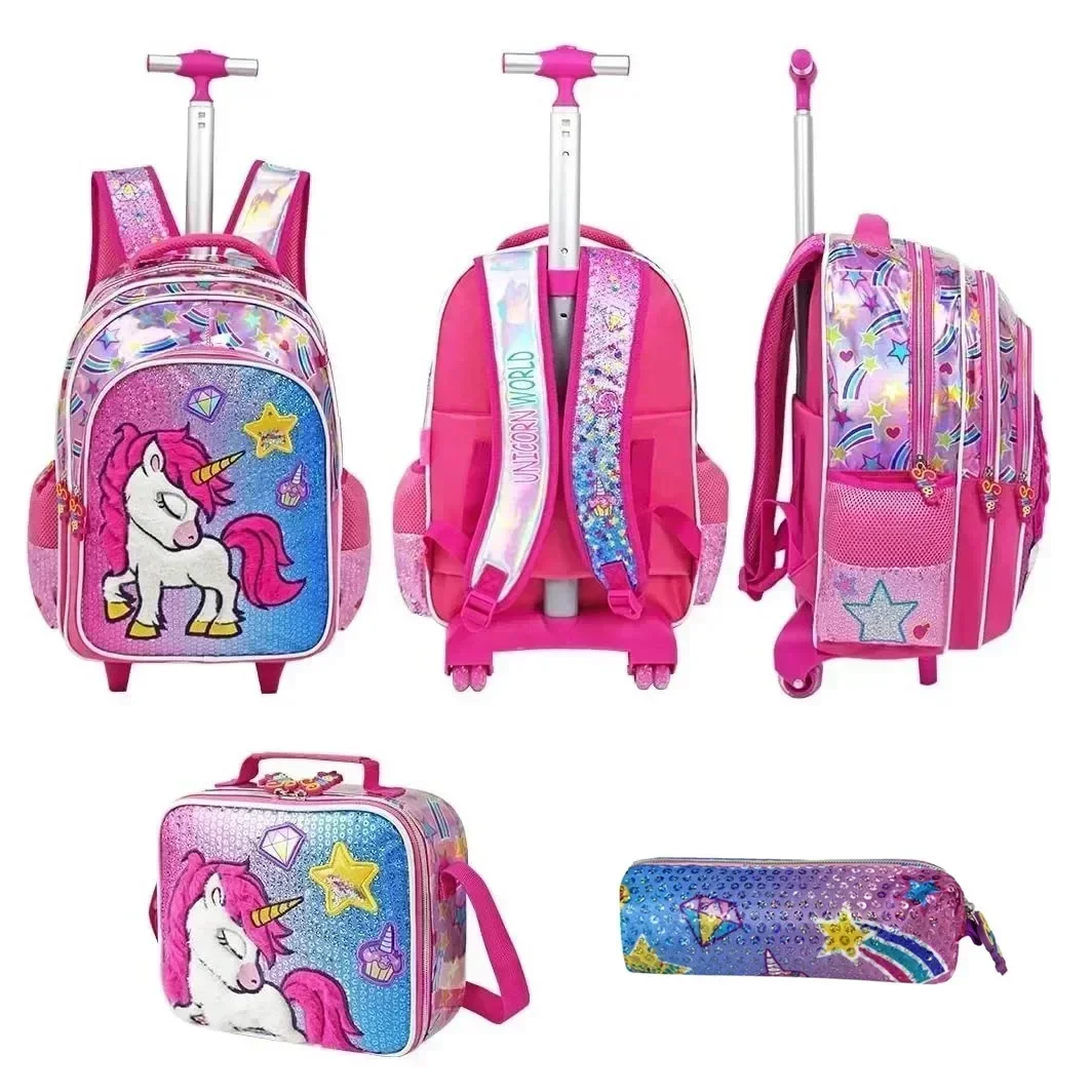 Mochilas de escuela para niñas con ruedas, bolso escolar encantador para niñas y niños, mochila con carrito, equipaje de mano con bolsas para lonchera, 3 uds.