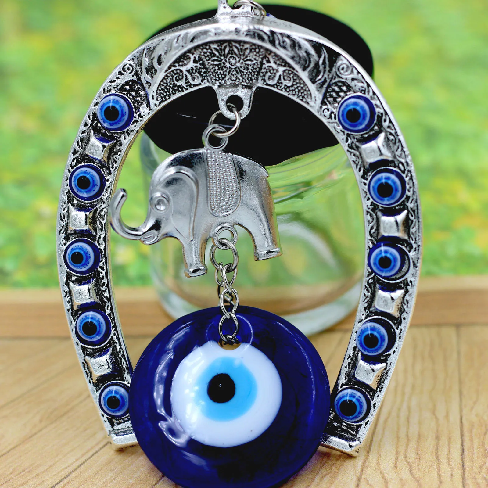 

Blue Eyes Pendant Horseshoe Elephant Shape Hanging Blessing Decor Protection Charm for Home Office Blue Eyes Hanging Pendant