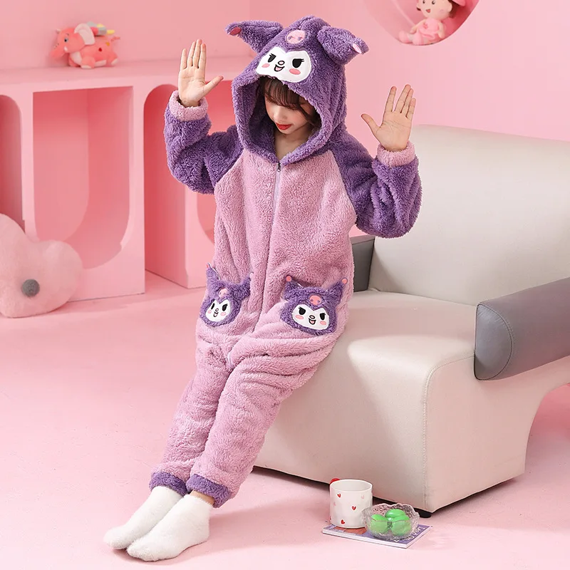 Kuromi Siamese Pajamas Sanrios Child Suit Girl Autumn Winter Kawaii Cartoon Coral Fleece Child Flannel Sleeping Bag Keep Warm