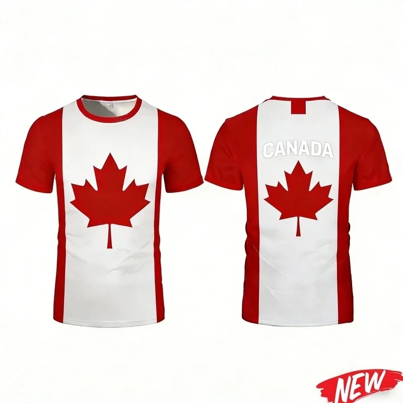 Men's Canadian Flag 3D Maple Leaf Print T-Shirt, Quick Dry Round Neck Short Sleeve Tee for Summer Outdoor Activities Men Tops