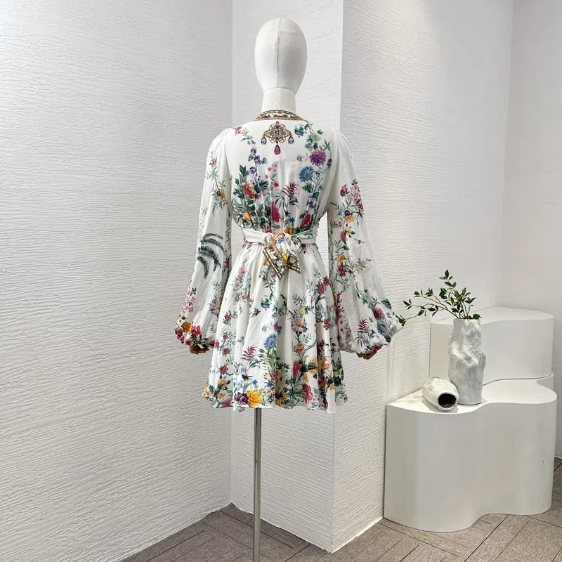 Hollow out floral print 2024 new summer linen cross tie waist lantern sleeve diamonds women vintage multi-color mini dress