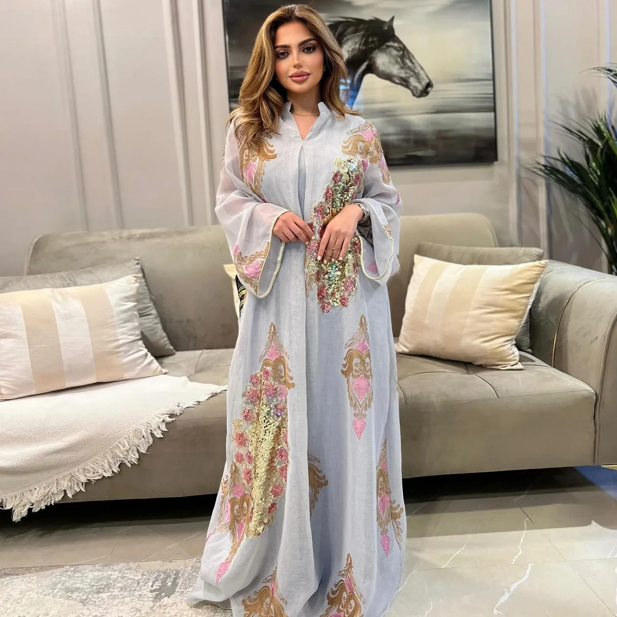 Eid Djellaba Party Muslim Sequins Embroidery Dress for Women Abaya Long Dresses Dubai Turkey Kaftan Robe Morocco Caftan Vestidos