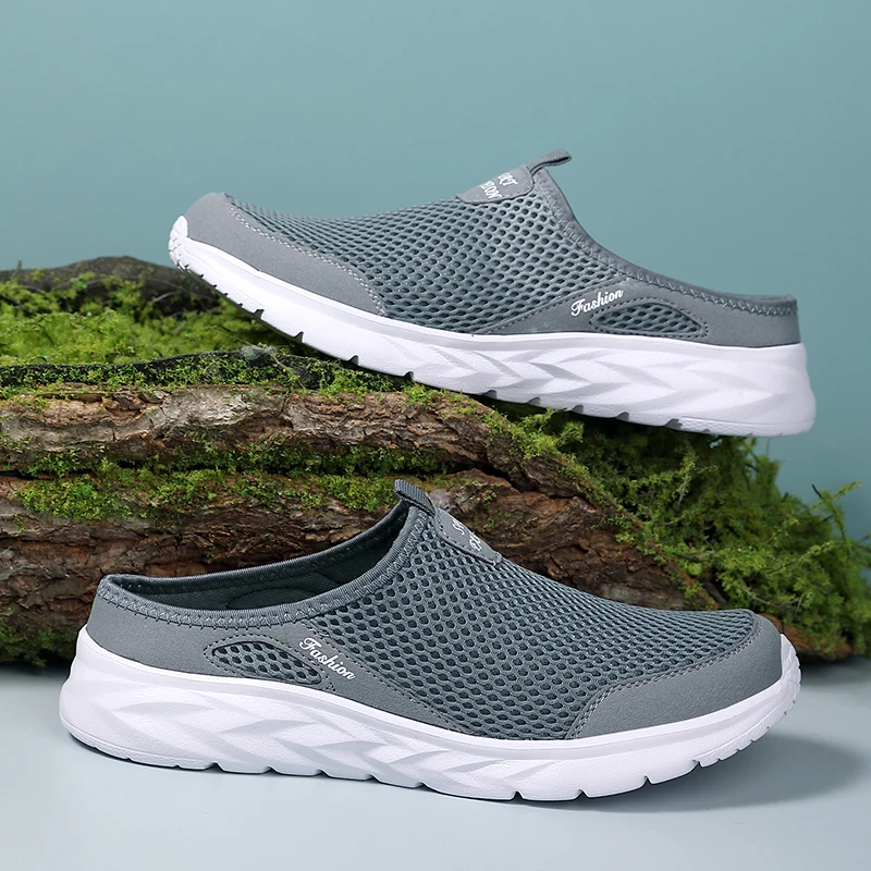 Plus Size 39- 47 Summer Men Half Slippers Lightweight Casual Shoes Outdoor Male Flat Slippers Anti-slip Mesh Slip on Loafers