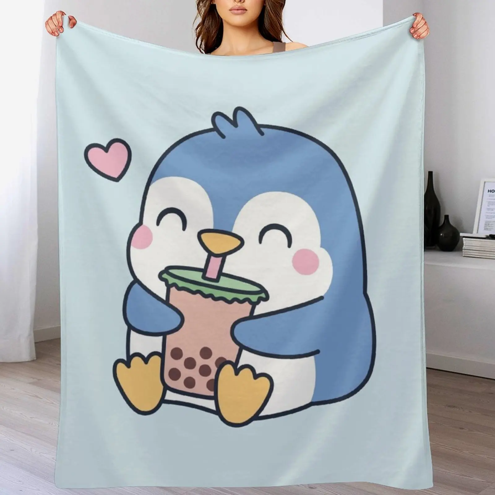 Cute Little Penguin Loves Boba Tea Throw Blanket Stylish Decor Blanket Gift for Friends Roommate