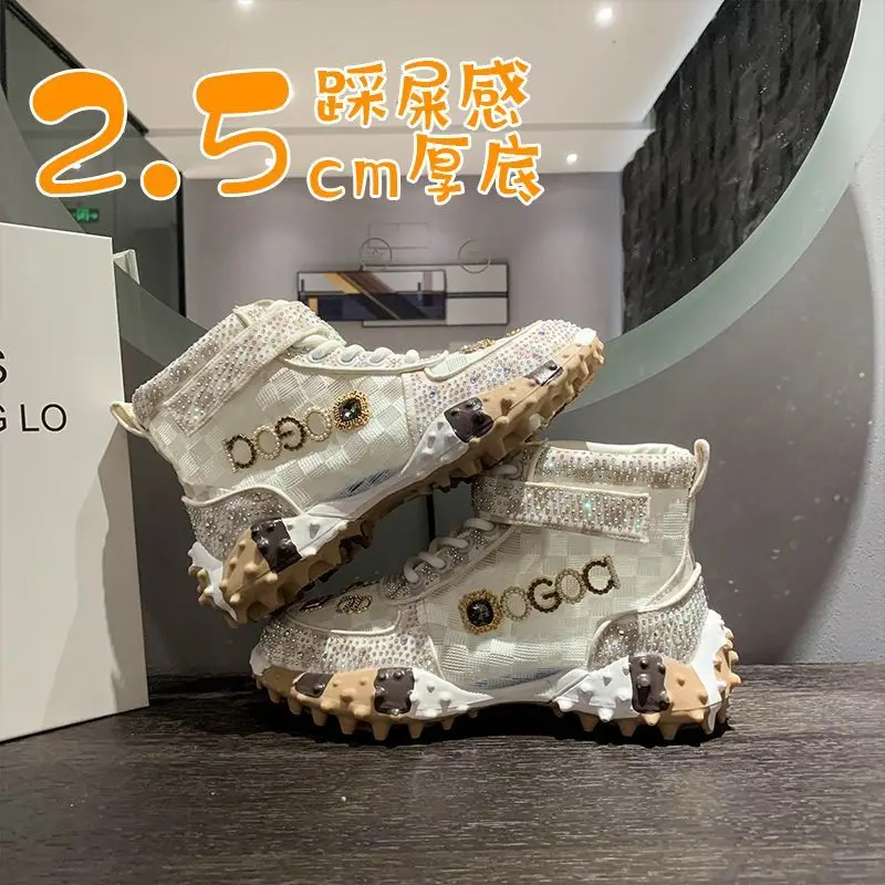 Casual Shoes Rhinestones High Top Sneakers Women Vulcanized All-Match Flat Thick Sole Sneakers Women High-top Summer Fashion Sho