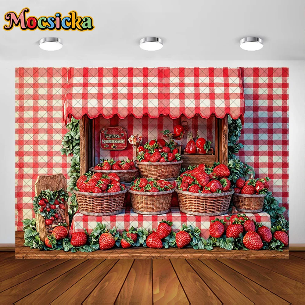 Mocsicka fotografia fundo vermelho morango loja cesta de flores decoração pano de fundo chá de bebê recém-nascido primeiro aniversário baile