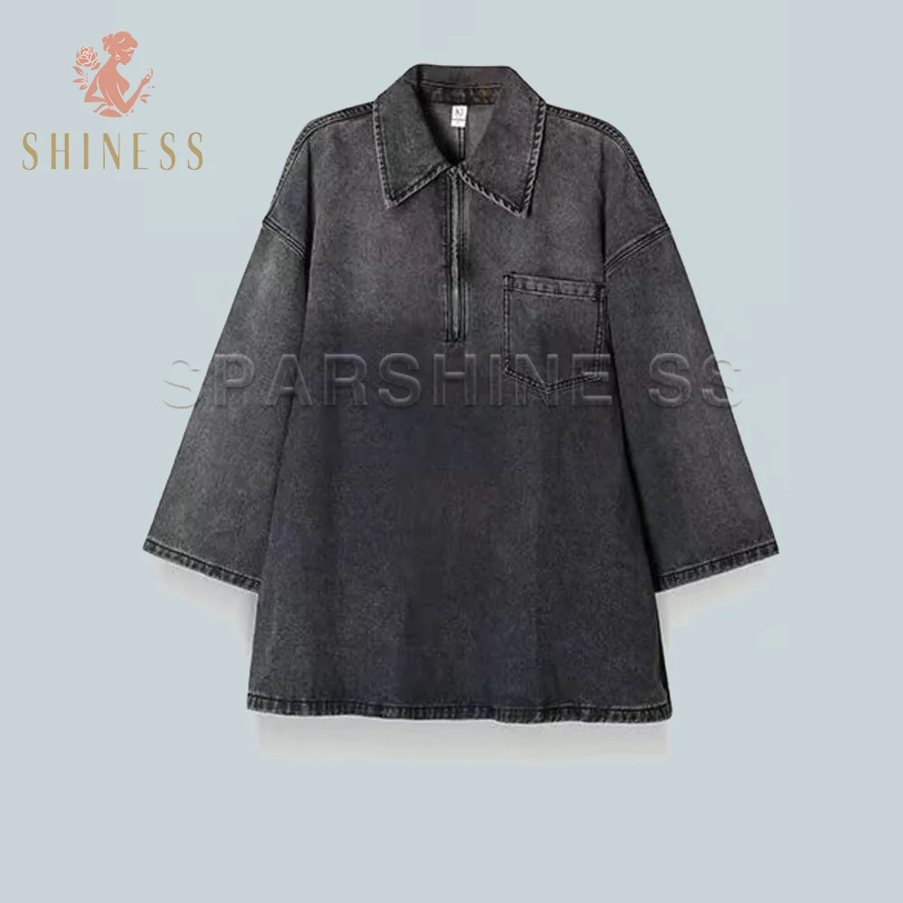 

Women Fashion Solid Denim Dress Stylish Collared Loose Denim Dress Versatile Long Sleeves Chic Lady Casual Loose Short Dress