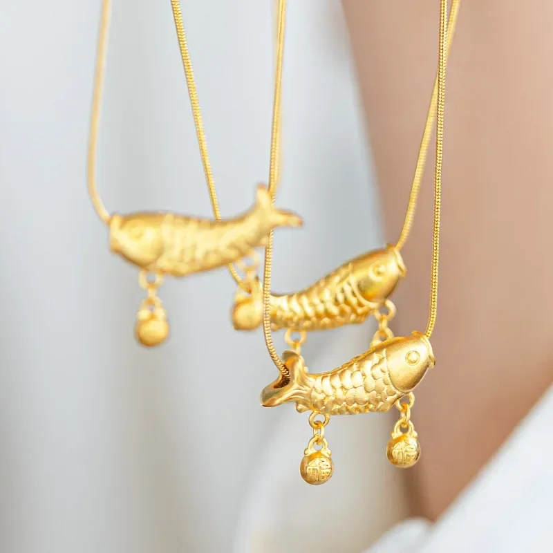 9999 Real Gold 24K Elbow Koi Collarbone Chain, Versatile Temperament, High-end Sense, Lucky Word Bell, Carp Pendant Necklace