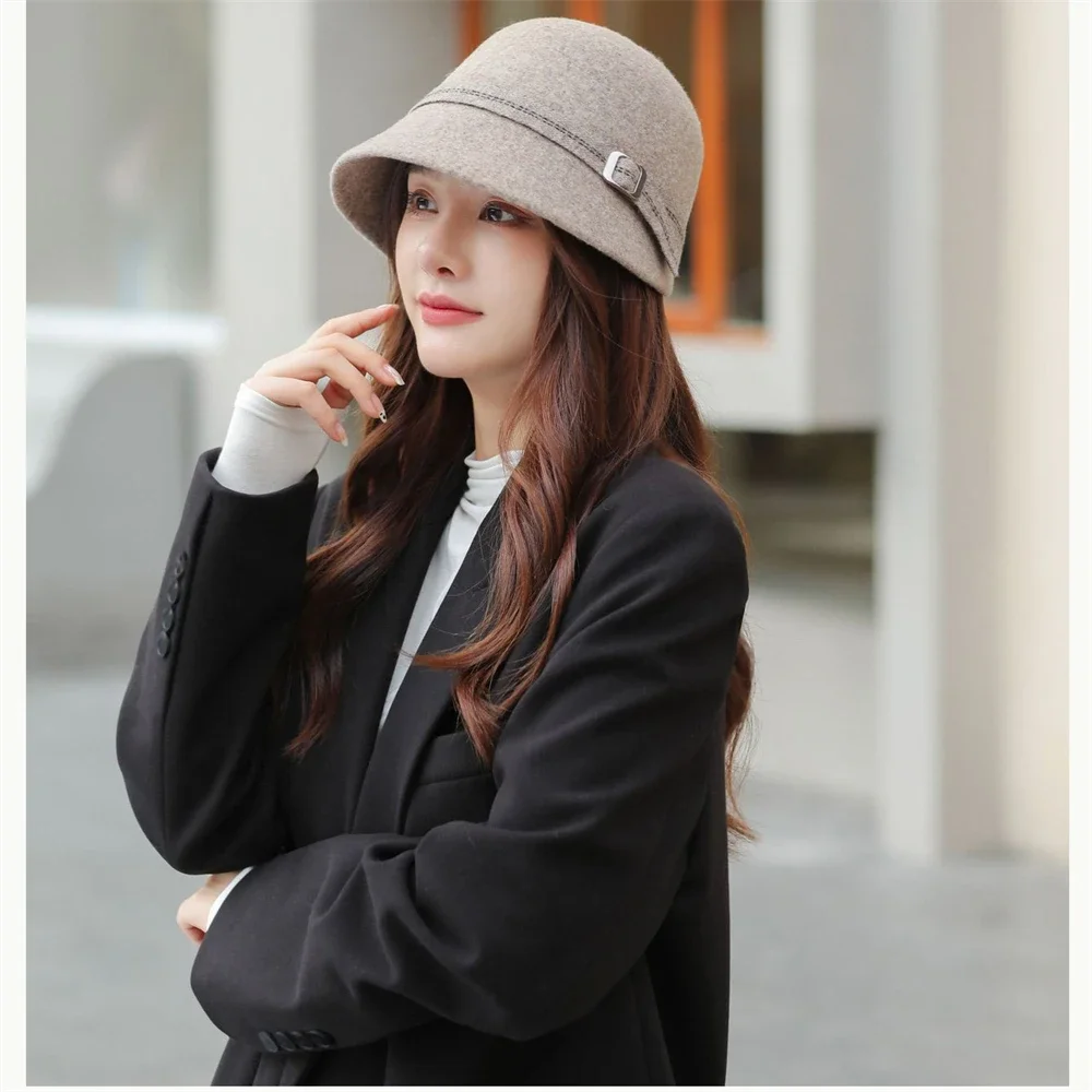 Japanese Style Simple Bucket Hat Autumn Winter Women's Warm Fisherman Hats Noble Lady Belt Felt Cap Casual Solid Color Dome Cap