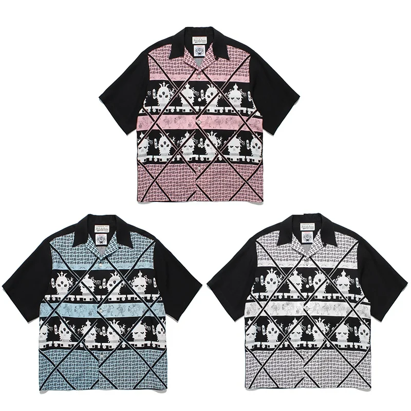 

High quality WACKO MARIA Color blocking Fashion Printing Heaven Tokyo Hawaii Short Sleeve Shirt Men's and Women's Casual Tops