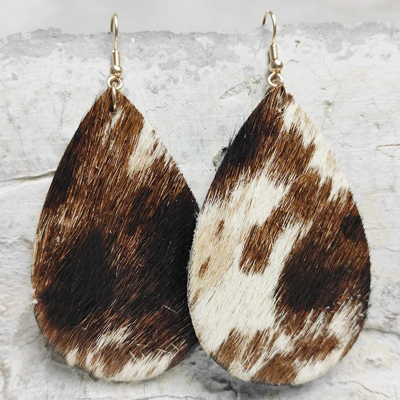 New Large Water Drop Shape Real Cowhide Leopard Earrings Western Original Leather Earrings Denim Earrings Gift Wholesale