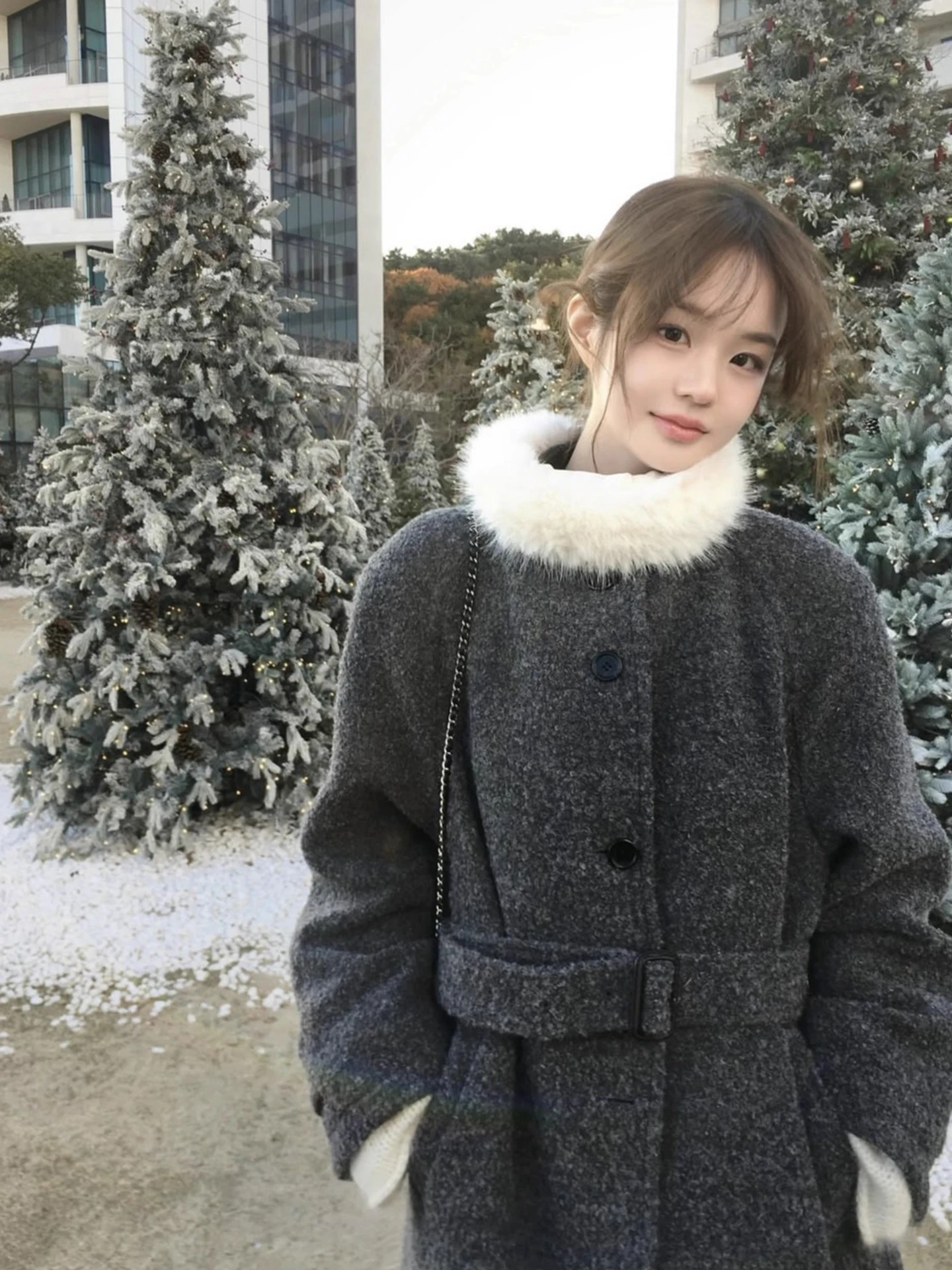 

Ele Detachable Fur Collar Warm Woolen Coat Women's Mid-Length Tweed Jaet Winter New Sle Waist-Cinching Korean Sle