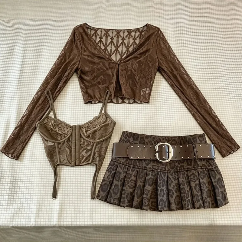 Harajuku Vintage 3 Piece Outfit Korean Fashion Women Short Lace Cardigan + Slim Vest + Y2K E-Girl High Waist Skirt Streetwear