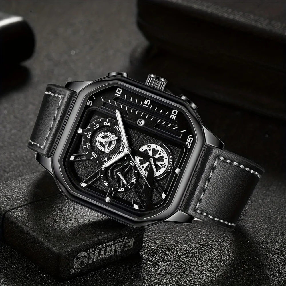 Conjunto de relógio de quartzo com pulseira de couro masculino de luxo de 2 peças com calendário – presente perfeito para escola, formatura, presente masculino