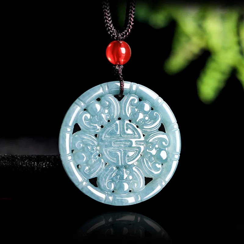 100% New Genuine A-goods Jadeite Blue Water Five Blessings Pendant Jade Pendant Men and Women Models Charm Jewelry Necklace