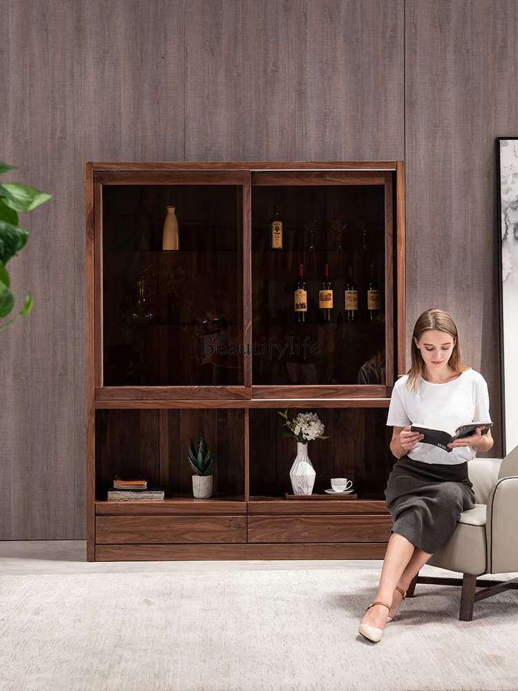 Light Luxury Sliding Door Bookcase Villa Living Room Black Walnut Display Wine Cabinet