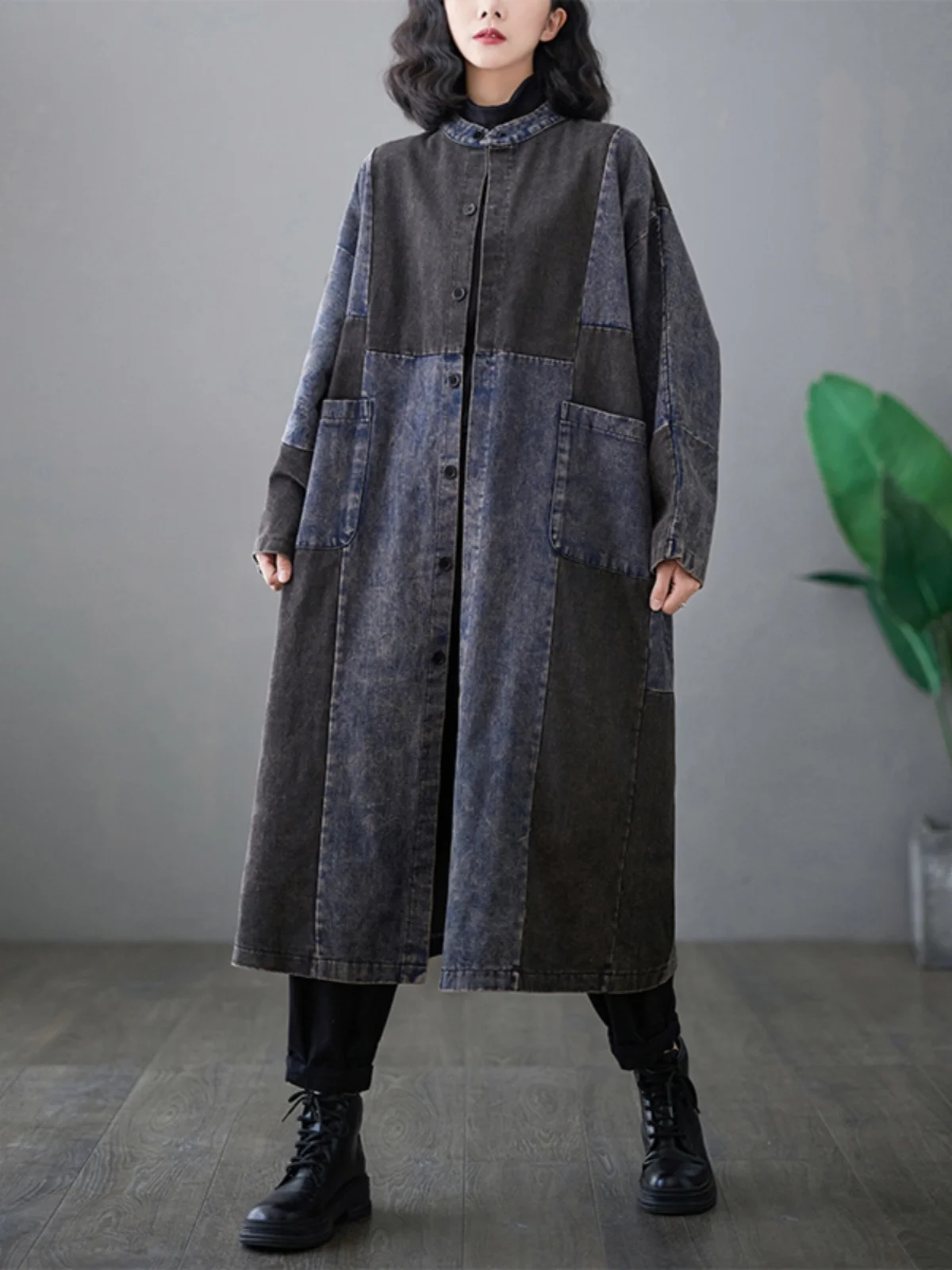 

Retro Waed Denim Sle Long Coat round Ne Open Cardigan Top for plus Size Women Casual Spring Outerwear Cotton Polyester